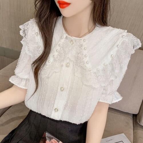 Womens 2021 Fashion New Chiffon Top Summer Wild Temperament Doll Collar Beaded Loose Short Sleeve Chiffon Shirt Casual