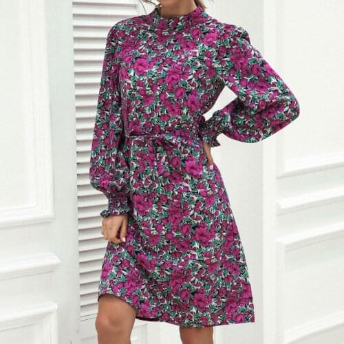 40%HOTMidi Dress Floral Print Lantern Sleeve Women Stand Collar A-line Belt Dress for Travel