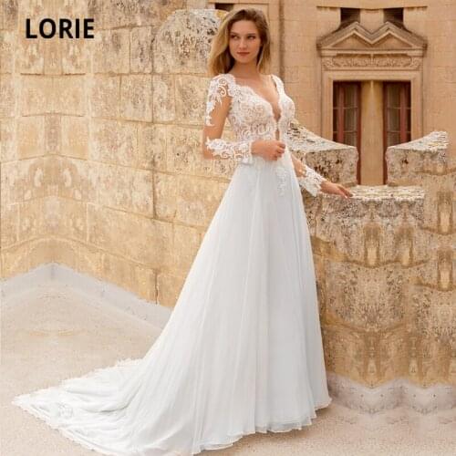 LORIE Country Wedding Dresses Boho V-Neck Appliques Lace Long Sleeves Chiffon White Ivory Plus Size Bride Gown suknia ślubna
