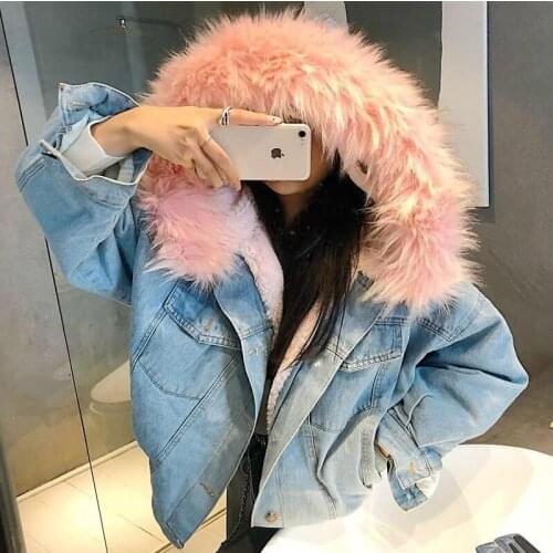 Winter Fur Hooded Denim Jacket Women Thick Lamb Wool Outwear Warm Parka Female Jean Jacket Coat Chaquetas Mujer Coat