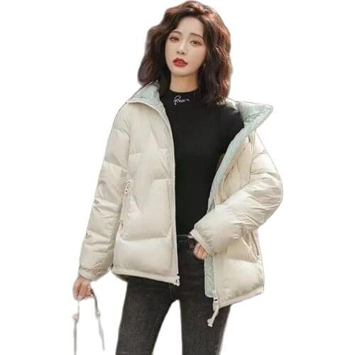 Winter New Glossy Female Outerwear Short Down Cotton Splicing Womens Coat Zipper Stand-Up Collar No Wash Cotton Ladies Jacket