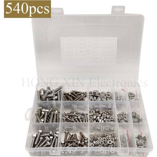 540 PCS M4 M5 M6, 304 Stainless Steel Hex Flat Head Bolts Nuts Washers Assortment Kit External Hex Hexagon Head Cap Screw Bolt
