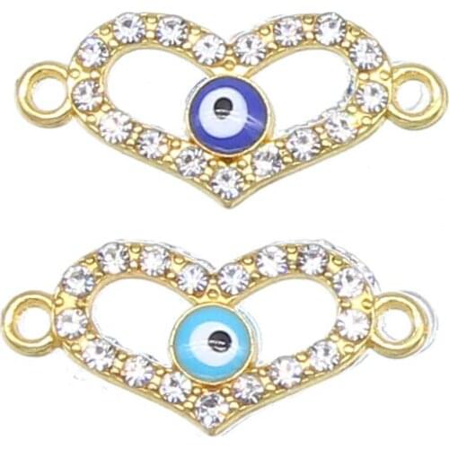 6pcs evil eye silver plated rhinestone heart-shaped connector jewelry making bracelet accessories DIY craft