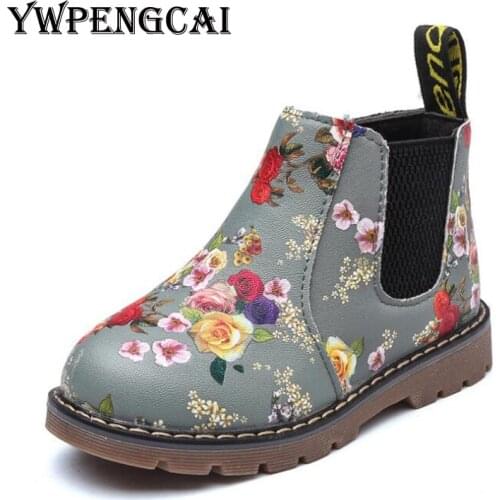 YWPENGCAI Size 21-36 Girls Printed Flowers Martin Boots Kids PU Leather Rubber Ankle Boots For Girl #7J300436