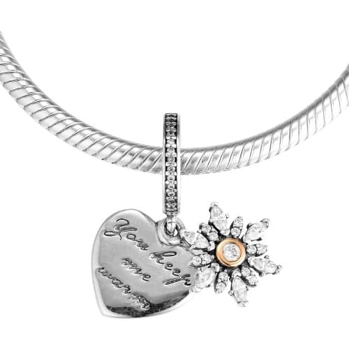Fits for Pandora Beads Bracelets 100% 925 Sterling Silver Jewelry Snowflake Heart Charms with 14k Real Gold Free Shipping