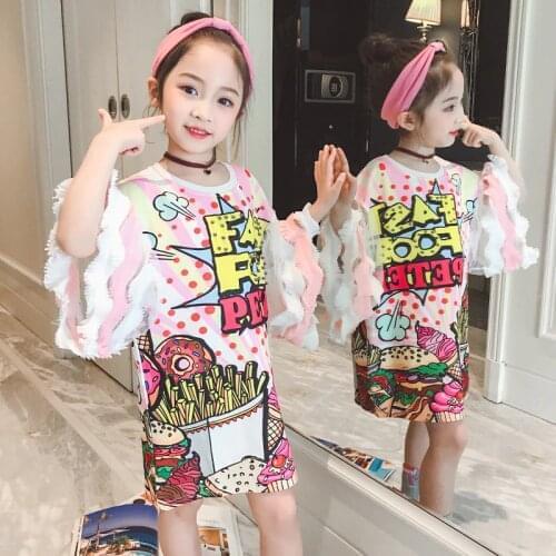 Kids Girls dress 2019 summer 4 6 8 10 12 years girl dresses graffiti lace sleeve childrens dress clothes