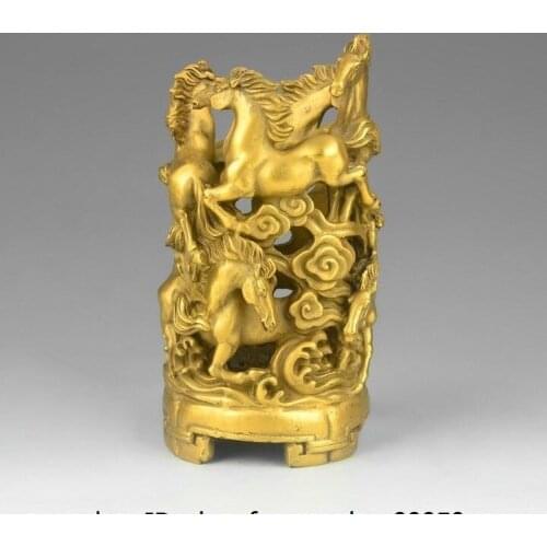 China Art Palace Brass Copper Run Horse Pen Case Container Pencil Vase Brush Pot