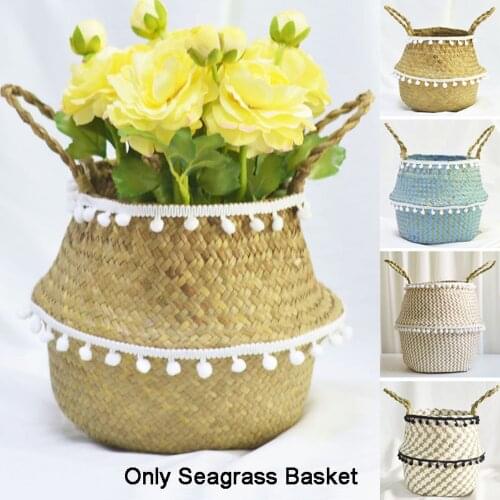 Seagrass Belly Storage Basket Flower Plants Pots with Pom Pom Trim Laundry Storage Flower Basket Home Garden Decor