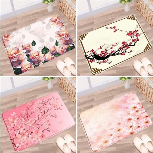Flowers Floral Doormat Home Floor Mats Pink Cherry Blossom Kitchen Mat Anti-Slip Bathroom Toilet Carpet Foot Pads Rugs Washable