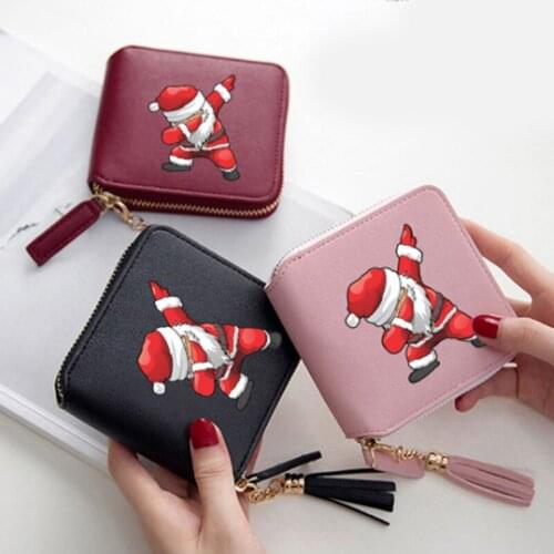 Cute Christmas Print Female Coin Wallets Tassel Small Coin Pocket Lovely PU Leather Mini Women Headphone Collection Pocket