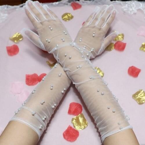 Charm Bride Gloves Long Gauze Artificial Pearl Ivory Gloves Accessories Transparent Elbow Gloves Summer Women Mitten Gloves