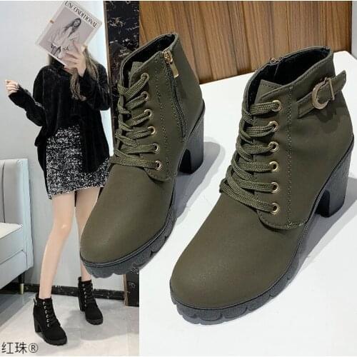 2021 Autumn and Winter Womens Single Shoes Round Head High Heel Martin Boots British Style Bare Boots Womens Shoes Thick Soled