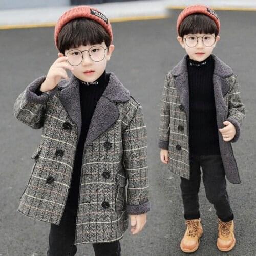 Plush plaid woolen coat autumn and winter boys' jacket thickened mid-length baby outing trendy clothing