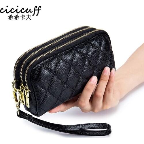 Luxury Brand Cowhide Women Day Clutches Fashion Genuine Leather Zipper Long Wallets for Ladies Wallets Phone Pockets Pouch Purse