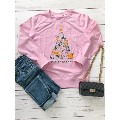 Merry Catmas Colored Christmas Sweatshirt Hipster Casual 100% Cotton Graphic Hoodies Happy Christmas lover Cat Gift Jumper Tops