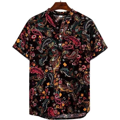 Men Retro Ethnic Printed Hawaii Shirts Summer Casual Buttons Tops Turn-down Collar Blouses Classic Short Sleeve Camicias Рубашка
