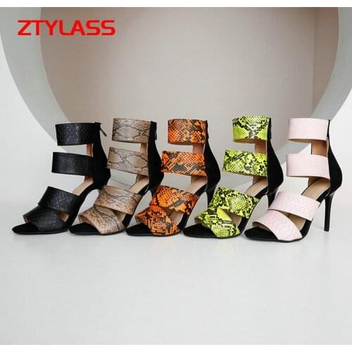 Snake Print Gladiator Summer Women Sandals Fashion Zipper Open Toe Women Shoes Sexy Thin High Heel Dress Ladies Sandals