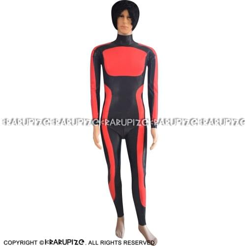 Sexy Latex Catsuit With Back To Front Crotch Zipper Long Sleeves Red Trims Rubber Bodysuit Overall Zentai Body Suit LTY-0284