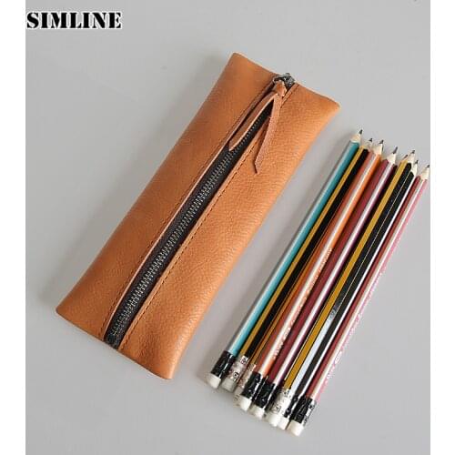 SIMLINE Genuine Leather Pen Bag Vintage Handmade Pencil Bags Men Women Children Long Zipper Holder Case Student School Supplies