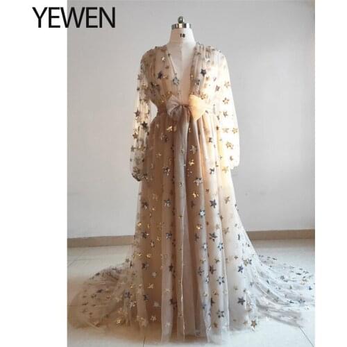 V Neck Sparkle Stars Maternity Robe Long Sleeves Photo Shoot Dress Maternity Gown for baby showers Plus Size YEWEN 2021
