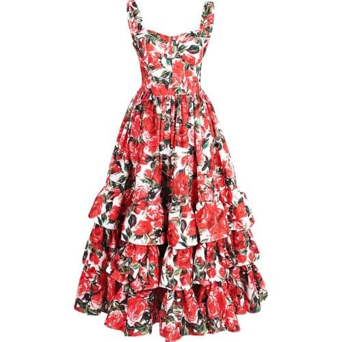 Runway Designer Women Summer Vintage Rose Flower Print Spaghetti Strap Dress Layered Ruffles Elegant Party Beach Long Dresses