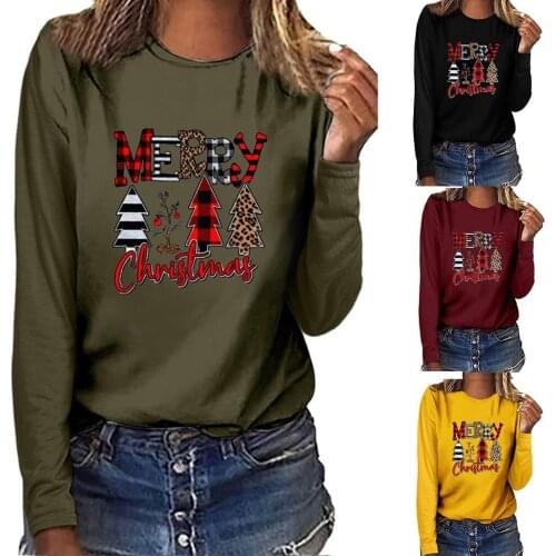 MERRY CHRISTMAS Women Casual Long Sleeve O-neck Sweatshirt Pullover Blouse Christmas Pattern Printing All-match Girls T-shirt