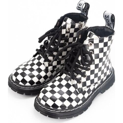 Girls Round Toe Mid-Calf Short Plush Classical Black and White Plaids Ankle Boots Anti-Skid Warm Winter Martins Boots