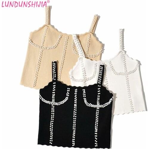 LUNDUNSHIJIA Fashion Spaghetti Straps Camis Streetwear Slim Women Crop Top Sexy White Pearls Decoration Women Tank Top