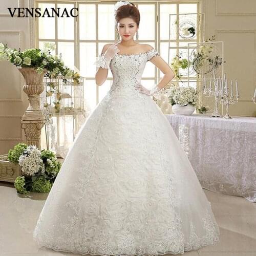 VENSANAC 2018 Crystal Boat Neck Flowers Appliques Ball Gown Lace Wedding Dresses Sequined Short Sleeve Bridal Dress