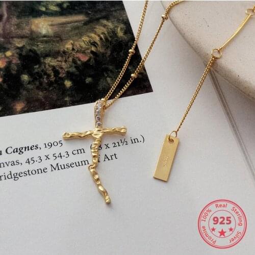 Pure 925 Sterling Silver Necklaces Creative Personality Torques Inlaid Zircon Cross Clavicle Fashion Necklace Women Jewelry