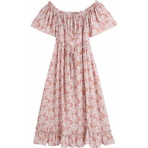 Summer Womens Casual Huduo Printed Strapless Short Sleeve Ruffled Decorative Stitching Dress