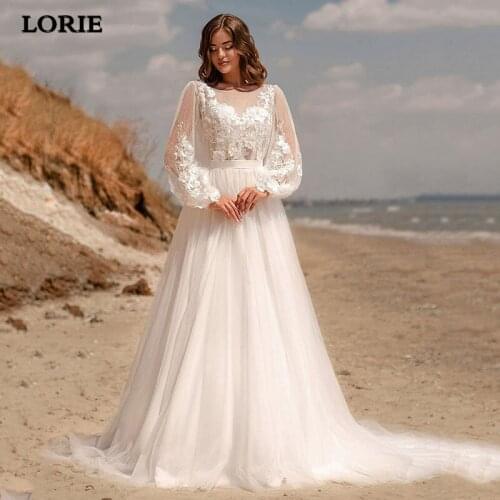 LORIE Ivory Lace Wedding Dresses A Line Puff Sleeve Bridal Gowns Wiith 3D Floweers 2021 vestidos de novia Wedding Bride Dresses