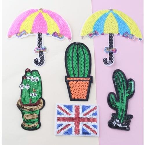 10pcs Umbrella Cactus Patches For Clothing DIY Iron On Patches For Clothes Accessories Patch Sequin Embroidered Cloth Stickers