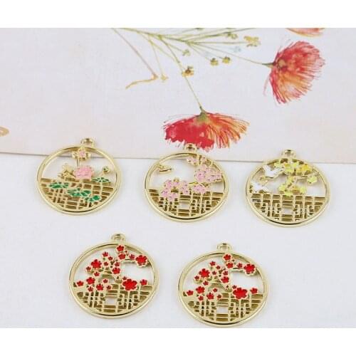 4pcs Chinese Style Antiquity Traditional Culture Earrings for Women pavilion flower medal pendant Female material accessories