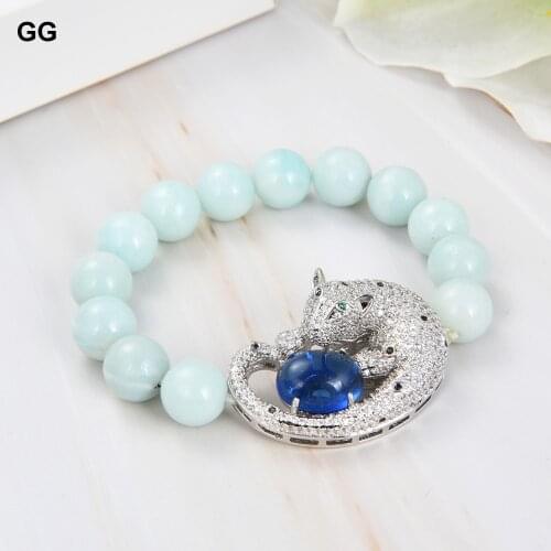 GuaiGuai Jewelry Natural 12mm Round Blue Amazonite Stone Bracelet CZ Connector