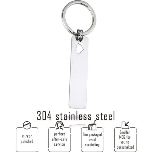 Stainless Steel Key Chain 12*50mm Hollow Heart In Rectangle Charm Pendant Long Bar Keyfob Key Holder Wholesale 20pcs