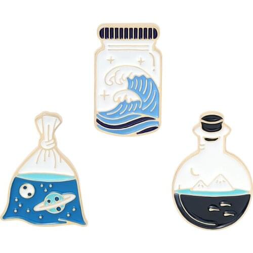 Drift Bottle Brooches Enamel Sea Waves Pins Planet Brooch Metal Clothes Badge Enamel Lapel Pins For Scientist Charms Jewelry