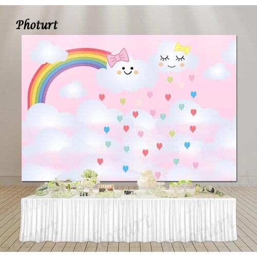 PHOTURT Lovely Rainbow Cloud Backdrop Girl Birthday Party Photography Banner Photo Background Pink Heart Vinyl Decorate Props