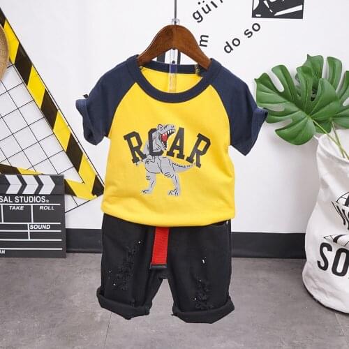 Cool Kids Boys Baby Clothes Summer Short sleeve cartoon T-shirt Tops Hole Short Jeans Outfits Clothes Set 2-7years