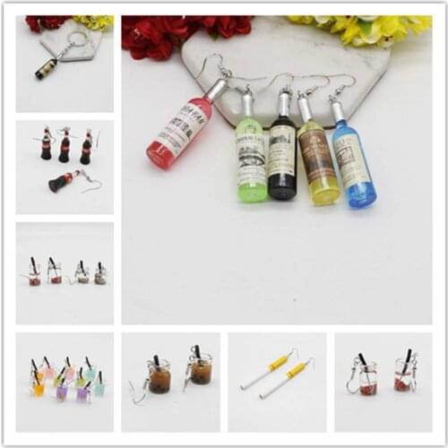Personality exquisite cute simulation red wine bottle fruit drink milk tea with straw pendant earrings cigarette key chain bag p