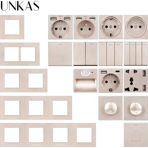 UNKAS Gold Glass Panel DIY Free Combination French EU Dual USB 1 2 3 4 Gang 1/2 Way On/Off Push Button Switch 5 Hole Type C