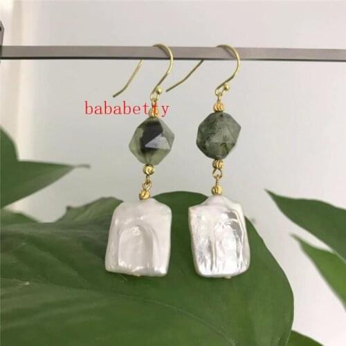 Natural white 15-20MM Square irregular pearls Irregular natural olivines 10 mm 925 sterling silver hooks earrings
