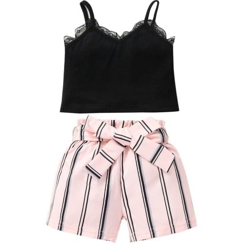 New Baby Girls Clothes Set, Solid Color Sleeveless V-neck Cropped Tops with Lace+ Striped Short Pants