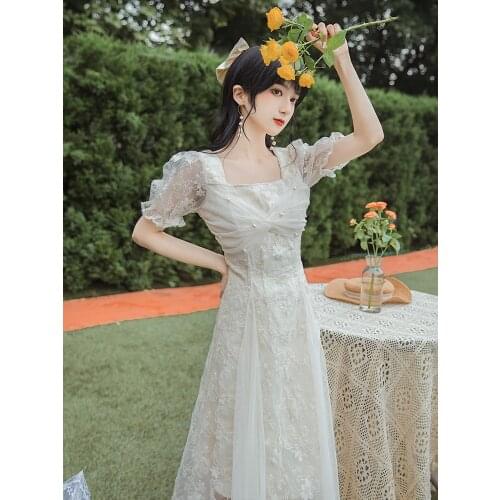 Dress 2021 Summer Net Yarn Beaded Fashion Square Neck Dress Lace Embroidered Irregular Net Yarn Retro Maxi Dress