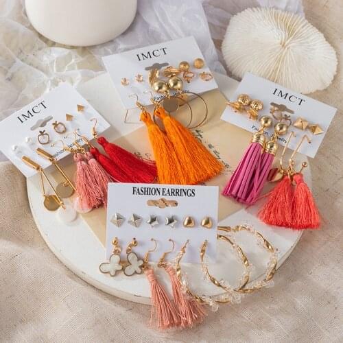 Tassel Earrings For Women Bohemian Drop Dangle Long Earrings Set Cotton Fabric Vintage Earrings Female Fashion Jewelry