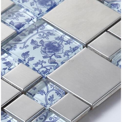 Blue color flower drawing glass mixed stainless steel mosaic for kitchen backsplash tile bathroom shower hallway wall mosaic