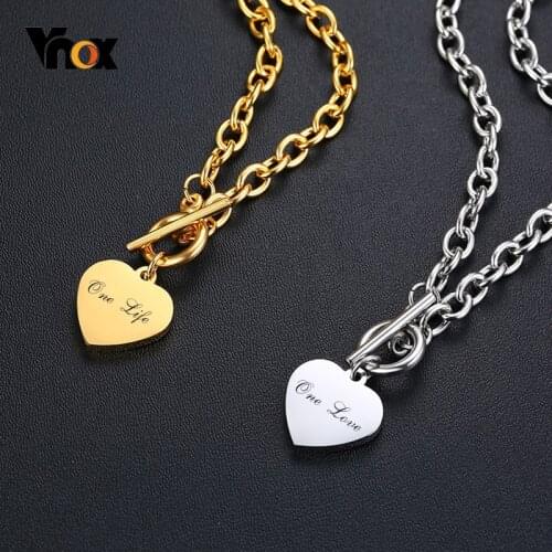 Vnox Women Personalize Love Name Necklaces for Men Stainless Steel Link Chain with Heart Coin Charm Custom Unisex Gifts
