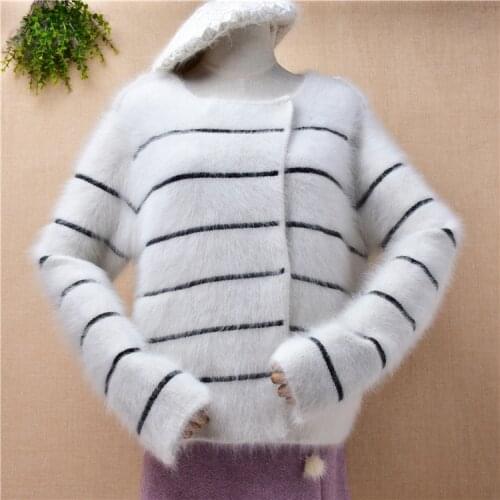 Female women winter clothing white hairy mink cashmere knitted striped long sleeve loose cardigan angora fur jacket coat sweater