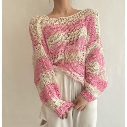 JMPRS Loose Women Sweater Korean Cute Pink Striped Autumn Hollow Out Knit Long Sleeve Tops Fashion Sweet Casual O Neck Jumper