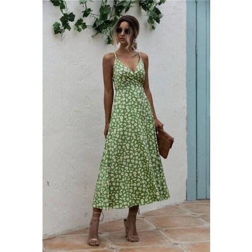 GOOHOJIO Summer Elegant Floral Print Women Dress Suspenders V-neck Midi Dress Backless Cross Beach Sundresses Holiday Vintage
